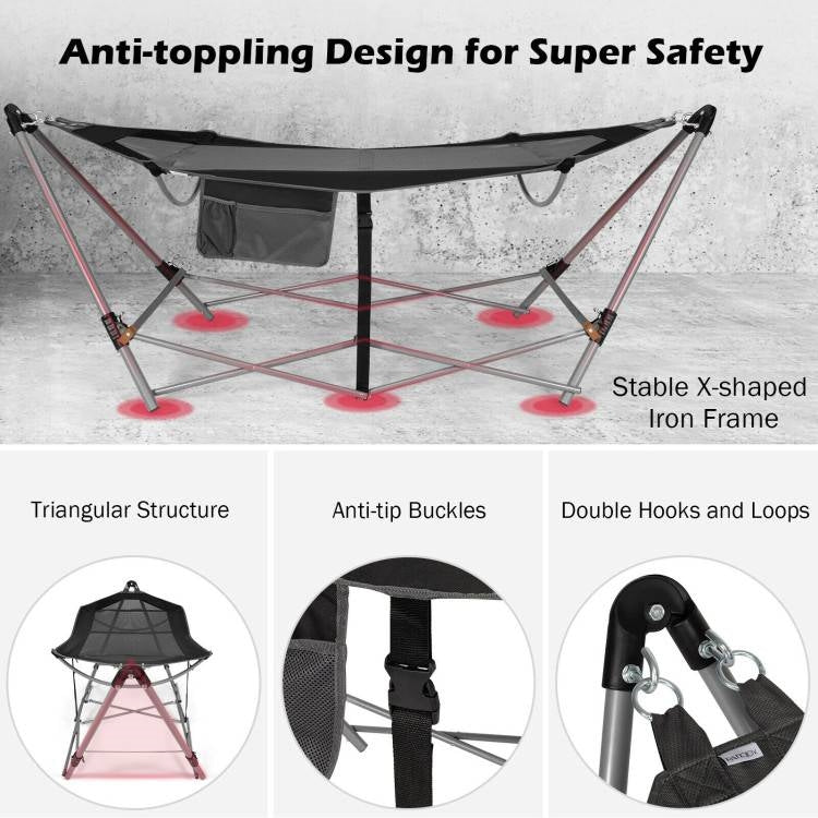 Black Portable Camping Foldable Hammock with Stand and Carry Case-4